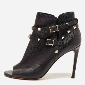 Valentino Size 38.5 Black Leather Rockstud Open Toe Ankle Length Boots